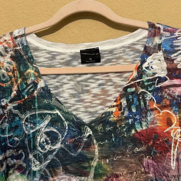 Inoah Knit V Neck Top Womens XL Multicolor Abstract Print 3/4 Sleeve Boho Artsy - Picture 4 of 6